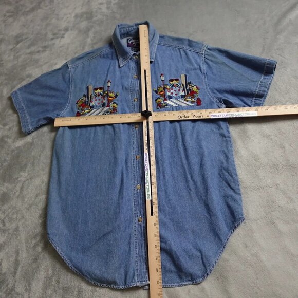 Vintage Let's Quizz Again Shirt Women's Small Blue Denim Embroidered Button Up - Picture 7 of 13